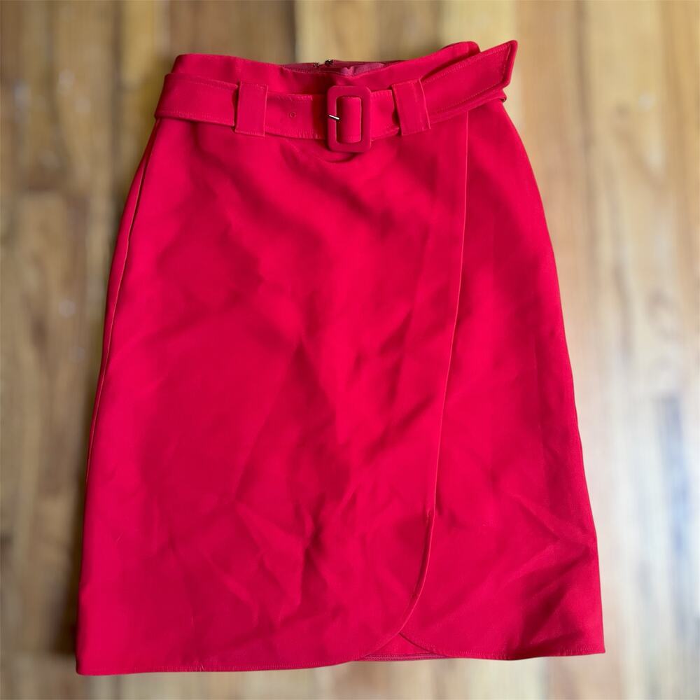Halogen Midi Skirt w Pockets 6 Womens Red Faux Wrap Zip Belted A-Line Preppy
